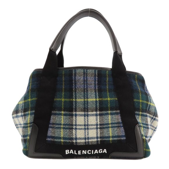 Balenciaga 339933 Navy Cabas Checkered Tote Bag Wool Women's BALENCIAGA - Picture 1 of 11